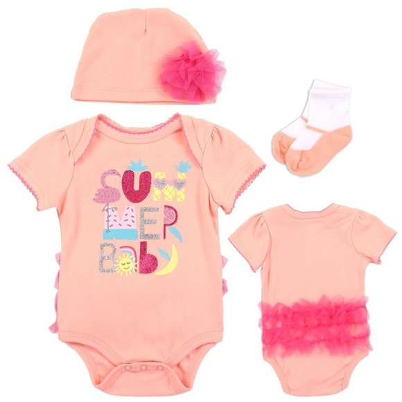 Emporio BABY Girls Newborn 3PC Layette Set-Peach and Pink Glitter Ruffle on Butt - Picture 1 of 2
